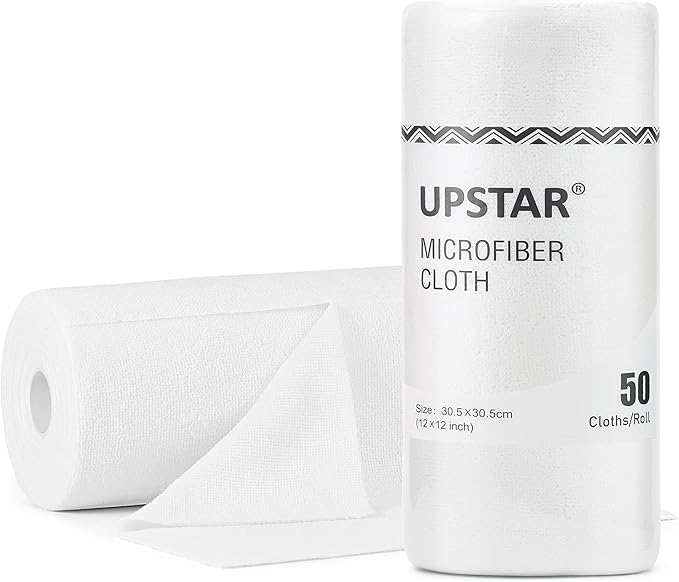 UPSTAR Microfiber Cleaning Cloth, Reusable Paper Towels Rolls, 50 Packs 12x12 inch Cleaning Rags for Washing Dishes, Kitchen, Bathroom, Car, White