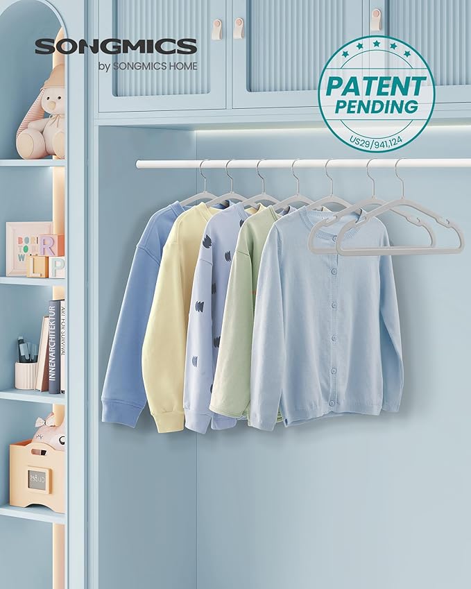 SONGMICS Kids Hangers 50 Pack, 14 x 8 Inches, Non-Slip Velvet Baby Hangers for Closet, Space-Saving, Wide Shoulder Notches, Dove Gray UCRF038G01