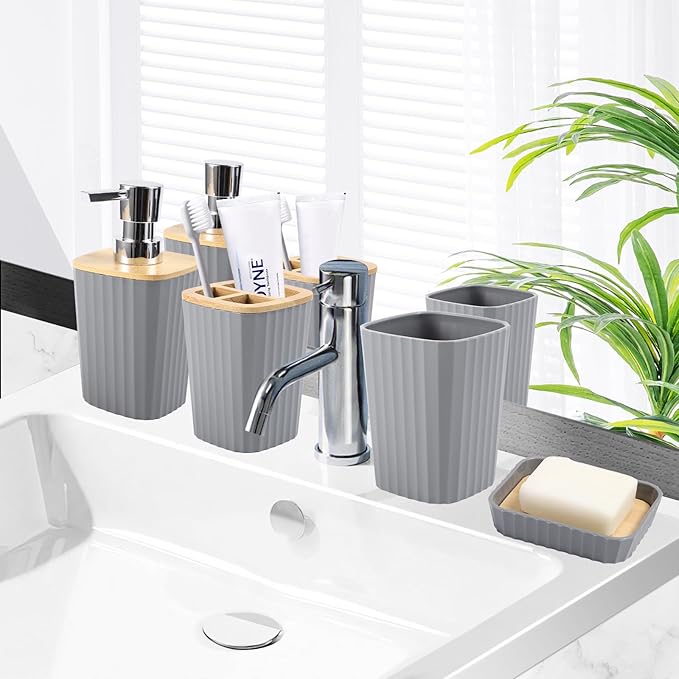 Grey Bathroom Accessories Set, 9 Piece Gray Bathroom Set, Bathroom Accessory Sets Compelete with Trash Can, Toothbrush Holder, Cup, Lotion Dispenser, Tray, Soap Dish, Toilet Brush, Qtip Holders
