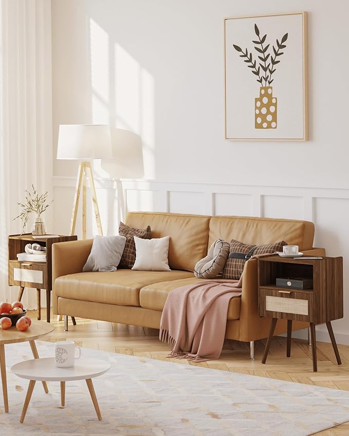 Veegle Rattan Nightstand,Modern Bedside Table with Storage Drawer and Open Wood Shelf, for Living Room, Bedroom and Small Spaces, Accent Night Stand with Solid Wood Legs, Easy Assembly,Walnut Brown