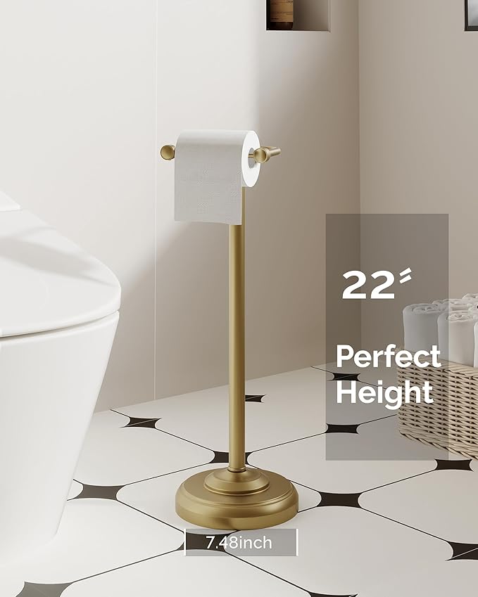 WZKALY Toilet Paper Holder Stand, Brushed Brass Toilet Paper Holder Free Standing, Post Pivoting Design & Stable Weighted Base SUS304 Stainless Steel for Bathroom(Mega Roll)