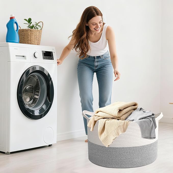115L Large Blanket Basket,23.6" L x 23.6" W x 15.7" H Rope Woven Baskets with Handles, Toys Storage Bins,Laundry Basket Perfect for Living Room, Nursery,Bedroom,Home Organization,White&Grey