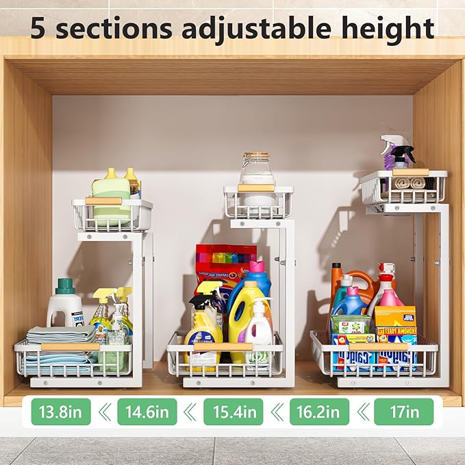 Under Sink Organizers,5 Adjustable Height，Metal Pull Out Under Sink Organizers and Storage Shelves with Sliding Drawer, Black, 2 Pack（Hight 13.6″-16.9″）