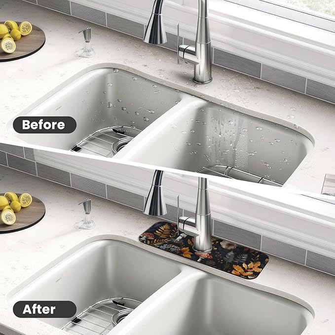 Faucet Draining Mat For Kitchen Sink, Mushrooms Ferns Wildflowers Diatom Mud Absorbent Drain Pad For Bathroom Kitchen Sink Splash Guard Drying Mat
