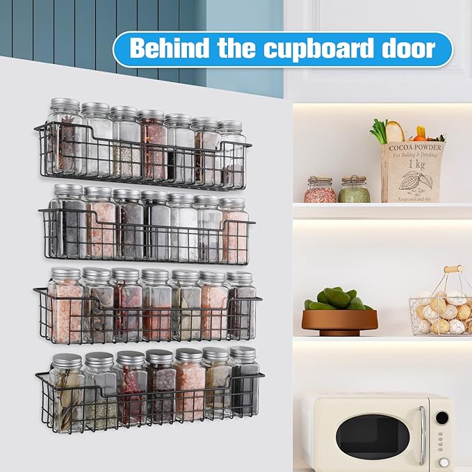 Spice Rack Organizer Wall Mount, Spice Organization Storage Shelf for Cabinet Door, 2 Packs Wall Spice Rack Saving Space for Kitchen, Black