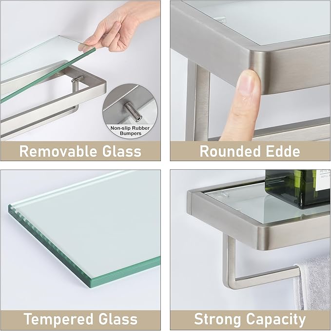 SFGSOWOR Glass Floating Shelves for Wall, Brushed Nickel 20 Inch Tempered Glass Rectangular 1 Tier Organizer Shelf for Bathroom
