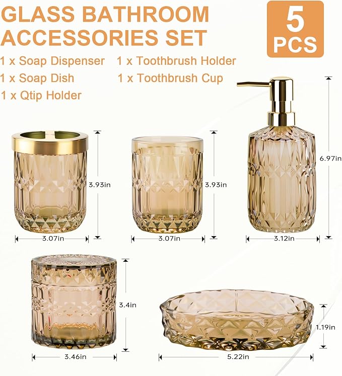 Brown Bathroom Accessories Set, 5Pack Clear Glass Bathroom Accessories, Includes Lotion Soap Dispenser, Toothbrush Holder, Qtip Holder and Soap Dish, Vintage Bathroom Decor