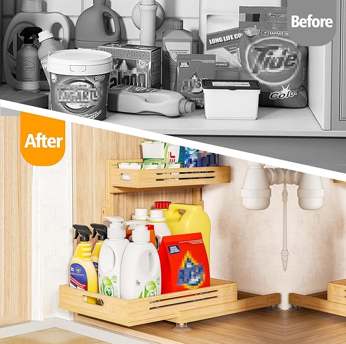 Under Sink Organizer, Pull Out Cabinet Organizer, 2 Tier Slide Out Sink Shelf Cabinet Storage Shelves, Storage for Kitchen Bathroom, Natural Premium Bamboo Wood