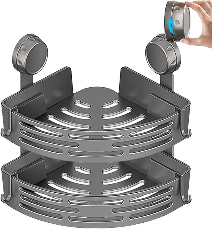 Triangle Suction Cup Shower Caddy,No-Drill Bathroom Corner Shelf with Hooks,Heavy-Duty Strong Hold, ABS and Heightened Design, Corner Shower Caddy Suction Cup for Kitchen and Bathroom (Gray*2)