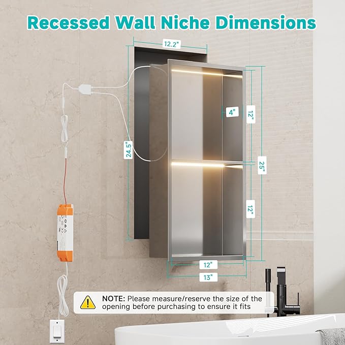 TSIBOMU Stainless Steel LED Lights Shower Niche 12"x24" - No Tile Needed Double Shelves Recessed Wall Niche for Bathroom Storage, Brushed