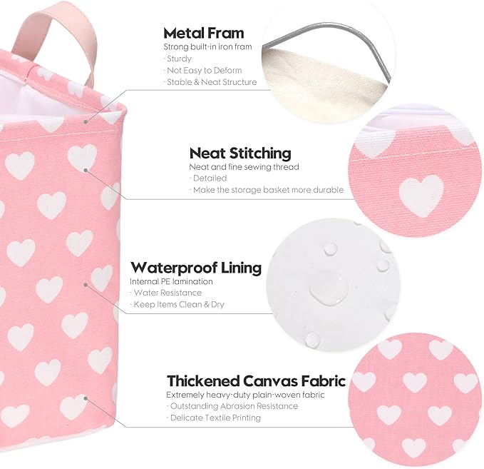 Hinwo 2-Pack Large Canvas Fabric Storage Basket with Handles, 33L/8.6-Gal Rectangle Bin, Collapsible Storage Box, Clothes, Toys, Blankets Organizer, 16.5 x 12 x 10 Inches (L, Pink Heart)