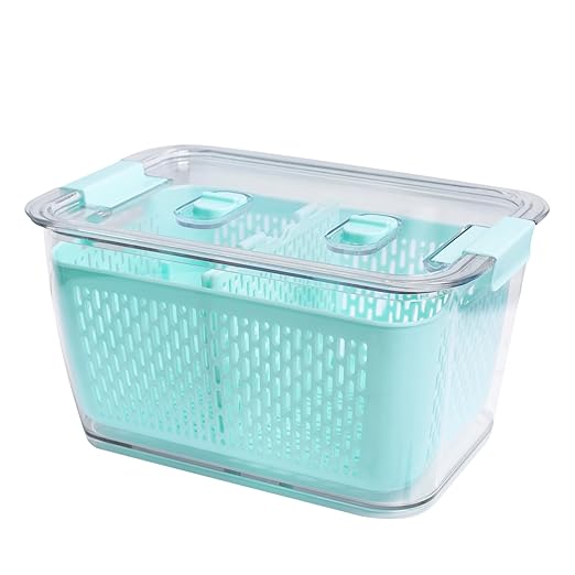 Kitchen Spaces Colander Bin, Produce Saver, Fridge Organizer With Lid, Wash, Strain and Store, Great for Refrigerator, Freezer and Pantry, Large, Mint Green, Pack of 1