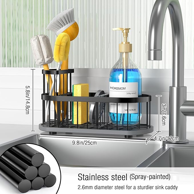 LARGE Kitchen Sink Caddy Organizer,[FLEXIBLE PLACEMENT & FAST-DRYING] Sponge Holder for Kitchen Sink Countertop with High Brush Holder-Rustproof 304 Stainless Steel-9.84"L x 4.72"W x 5.83"H