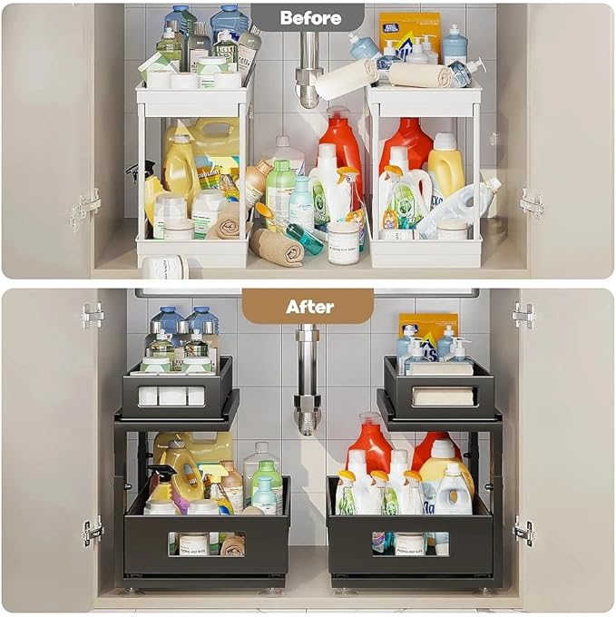 Corbyles 1 Pack 10.8"-14.9" H Under Sink Organizers and Storage Height Adjustable,2-Tier Pull Out Under Cabinet Shelf Organizer,Multi-Use Slide Out Drawer for Bathroom Kitchen Laundry-Black