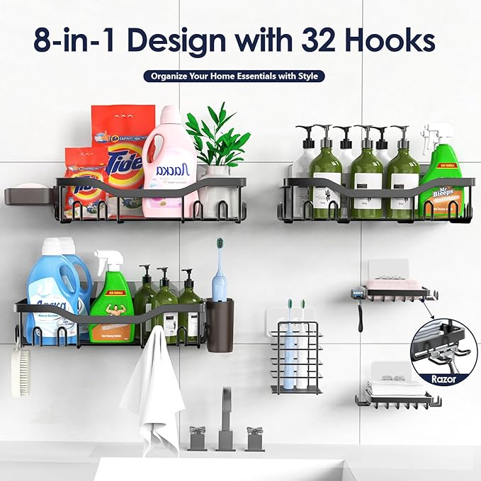 Shower Caddy Adhesive Shower Organizer 8-Pack, Rustproof Stainless Steel Bathroom Shelves, Large Capacity No-Drill Rack Storage Accessories with Soap Dish Toothbrush Holder Hooks