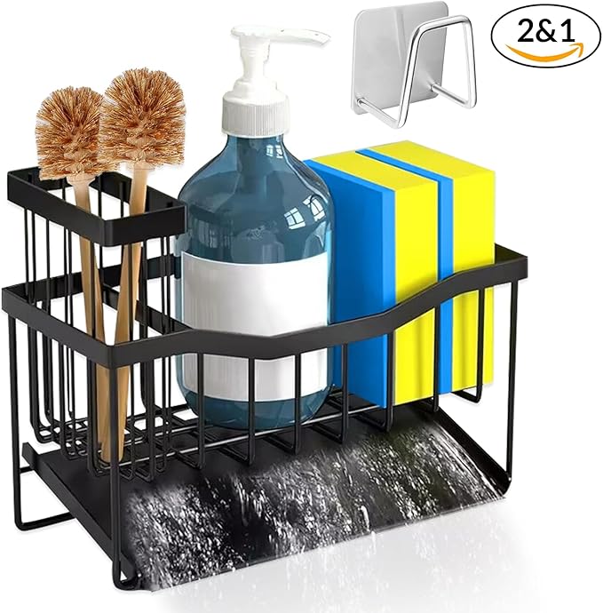 Rustproof Stainless Steel Sponge Holder for Kitchen Sink – small Sink Caddy Organizer with Rotating Drain Spout & High Brush Holder – No-Drip Kitchen Sink Organizer for Soap Dispenser.