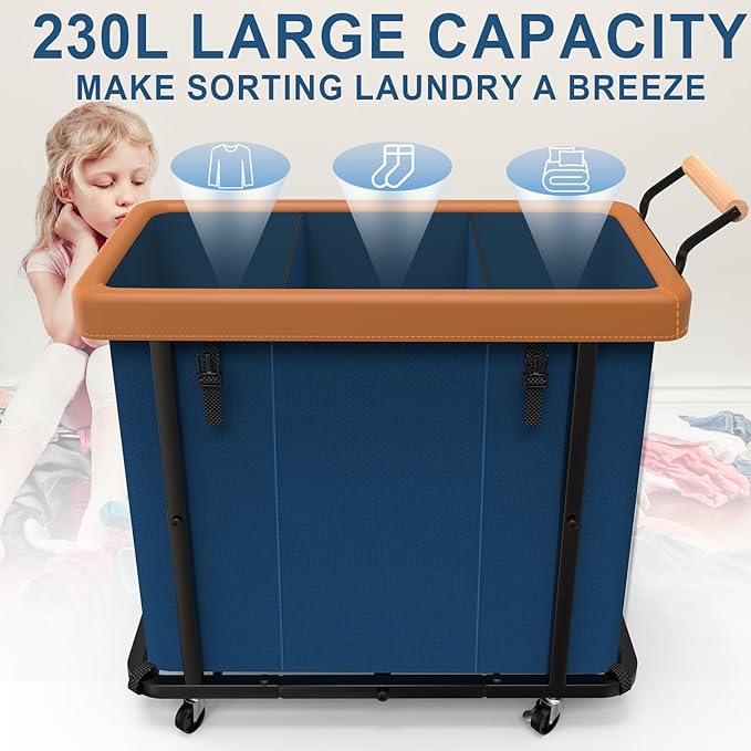 230L (60 Gal) Extra Large Fashion Laundry Sorter 3 Section with Lid, Rolling Laundry Basket Hamper with Handle, Laundry Organizer Storage Cart with Sturdy Metal Frame for Laundry Room, Dark Blue