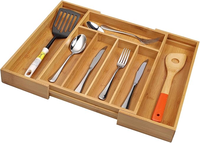 Utoplike Bamboo Cutlery Tray Silverware, Drawer Dividers for Kitchen Utensils, Flatware Tray Drawer Insert for knives, Gadgets and Garage Tools, Office Supplies