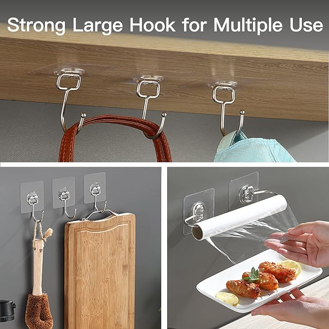 Large Adhesive Hooks for Hanging Heavy-Duty 44Ib(Max) 30 Packs, Wall Hangers without Nails Self-Adhesive Traceless Clear and Removable, Waterproof and Rustproof Multiple Uses for Bathroom Kitchen Home