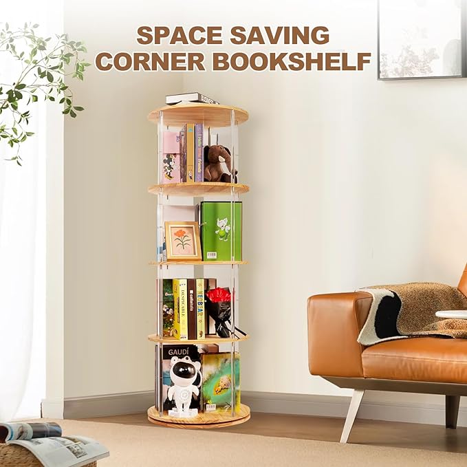360° Rotating Bookshelf, 4-Tier Spinning Book Shelf Tower with Solid Wood & Clear Acrylic, Round Revolving Bookcase for Living Room, Bedroom and Office