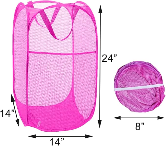 Pop Up Laundry Hamper, Portable Mesh Laundry Basket, Collapsible Clothes Storage Bin for Bedroom, Dormitory, Travel, Home, Rose Red