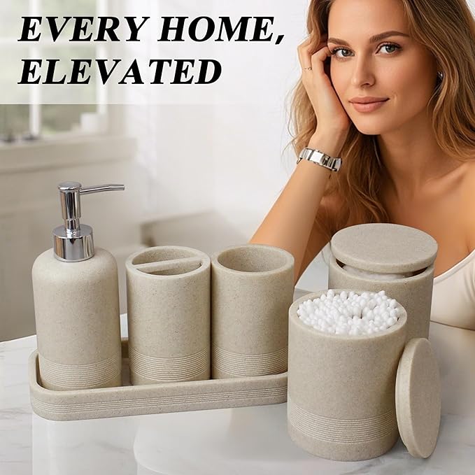 6-Piece Bathroom Accessories Set, Bathroom Accessory Set with Soap Dispenser, Toothbrush Holder Set, Vanity Tray, Tumbler & 2 Cotton Swab Jars, Modern Stylish Bathroom Organizer(Beige)