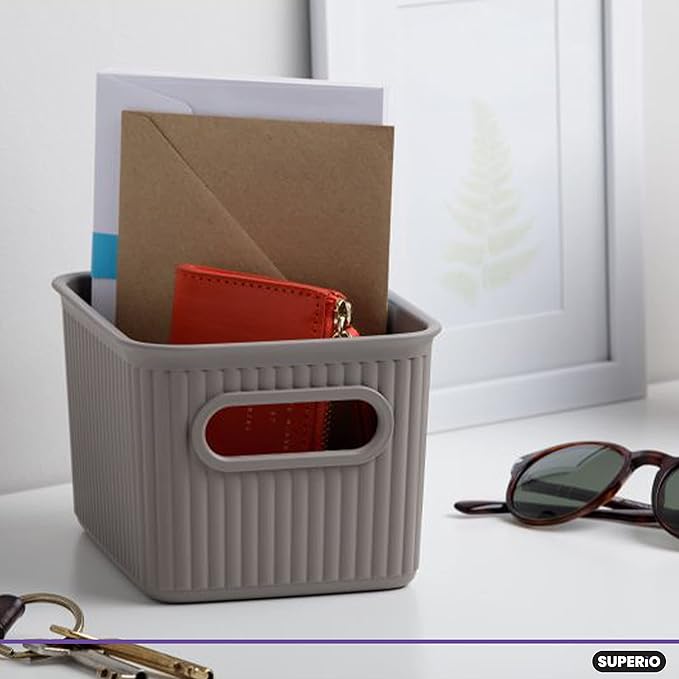 Decorative Plastic Basket Open Home Storage Bins Organizer Baskets, Small Taupe (6 Pack) Container Boxes for Organizing Closet Storage Bins for Shelves Drawer Shelf - Ribbed Collection 1.5 Liter
