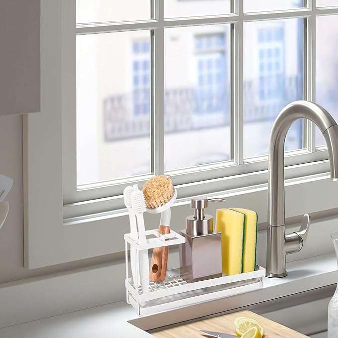 Toothbrush Holders for Bathrooms, Carbon Steel Tooth Brushing Holder Electric Toothbrush and Toothpaste Organizer Bathroom Accessories for Countertop, Shower, Sink - White