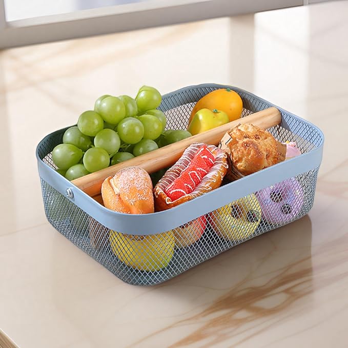 Metal Mesh Steel Storage Basket, Garden Harvest Wire Organizer Basket Multi-functional Kitchen Fruit Basket with Wooden Removable Partition & Handle for Bathroom Picnic Decor Cabinet, Blue