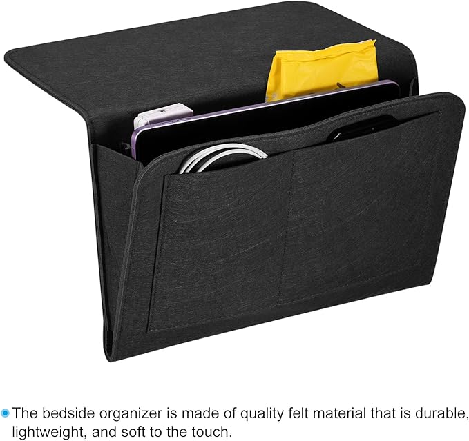 PATIKIL 13in Bedside Caddy, Bed Caddy Bedside Organizer Hanging 5 Pocket Soft Felt Bed Pockets Bedside Storage Organizer Remote Control Holder for Bedroom Phones Glasses, Black