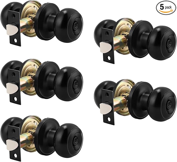 Probrico (5 Pack Round Privacy Door Knob(Thumb Turn Lock on The Inside), Keyless Doorknobs Interior/Exterior Lockset,Privacy Knobs for Bedroom/Bathroom,Black Modern Design Door Hardware