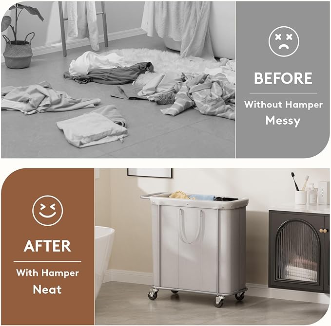 Lifewit 200L Large Laundry Basket with Wheels, Tall 3 Section Laundry Hamper Organizer, Rolling Laundry Cart with Steel Frame & Removable Bag for Luandry Room Bathroom Bedroom, Silver Gray