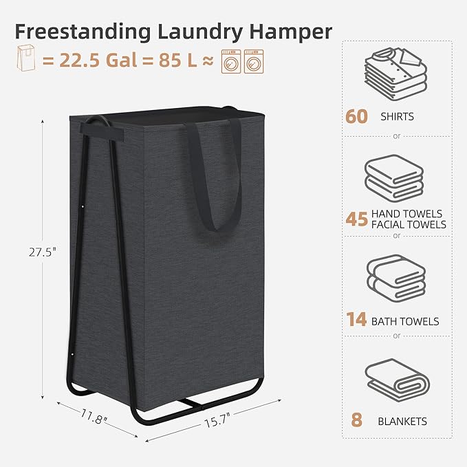 STORAGE MANIAC Laundry Hamper with Metal Rack, Large Laundry Basket with Triangle Frame, Collapsible Dirty Clothes Hamper with Handles for Dorm, College, Small Space, Closet, Bedroom, Black