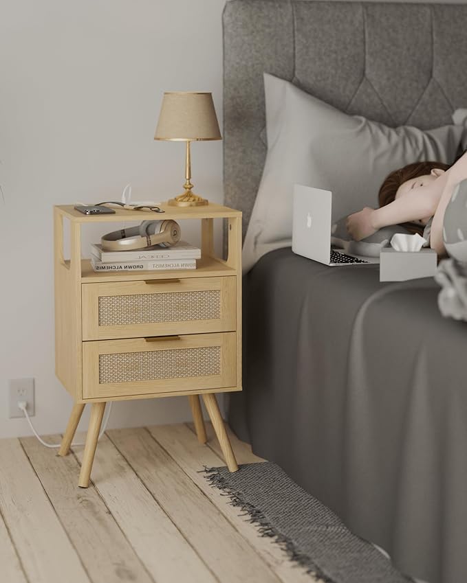 Veegle Rattan Nightstand with Charging Station,Modern Bedside Table with 2 Storage Drawer and Open Wood Shelf, for Bedroom and Small Spaces,Night Stand with Solid Wood Legs (Yellow Oak)
