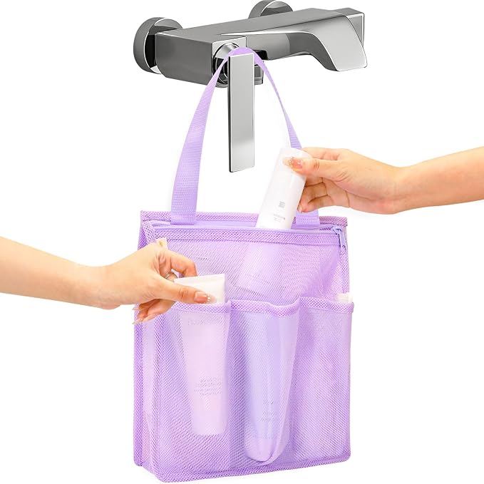 famichan Portable Mesh Shower Caddy, Gym Travel Camp Dorm Room Essentials for College Student Girl, Purple Bathroom Shower Bag