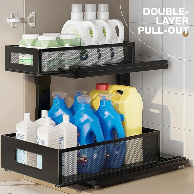 Corbyles 1 Pack 10.8"-14.9" H Under Sink Organizers and Storage Height Adjustable,2-Tier Pull Out Under Cabinet Shelf Organizer,Multi-Use Slide Out Drawer for Bathroom Kitchen Laundry-Black