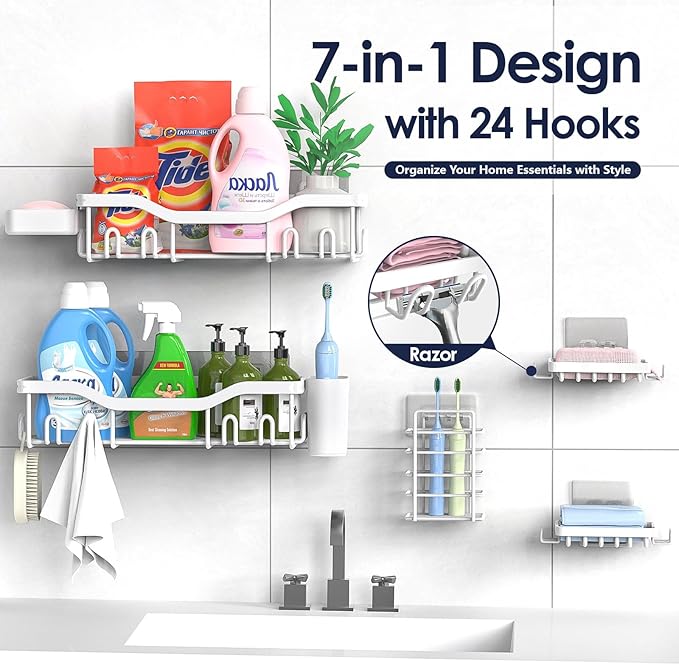 Shower Caddy Adhesive Shower Organizer 7-Pack, Rustproof Stainless Steel Bathroom Shelves, Large Capacity No-Drill Rack Storage Accessories with Soap Dish Toothbrush Holder Hooks