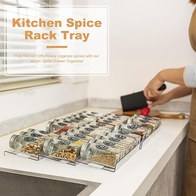 8-Pack Spice Drawer Organizer, Expandable Acrylic Seasoning Rack (13" to 26") with Anti-Slip Mat, Kitchen Spice Rack Drawer Holds up to 56 Jars (Jars Not Included)