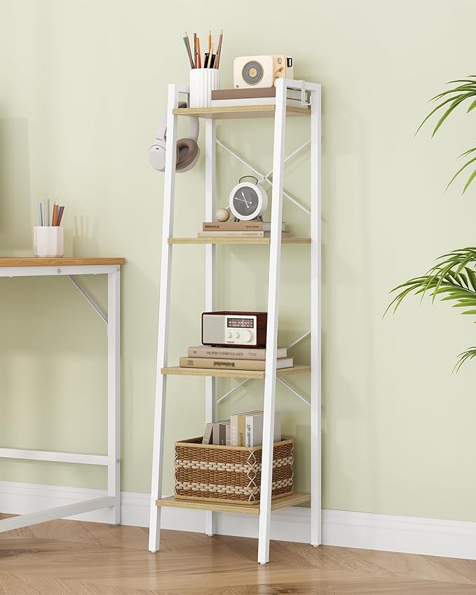 Ladder Shelf, Bookshelf Bookcase, Freestanding Corner Storage Shelve with 2 Hooks for Home Office, Living Room, Kitchen, Bedroom, Industrial, 11.8" D x 13.4" W x 47.2" H, White Oak and White