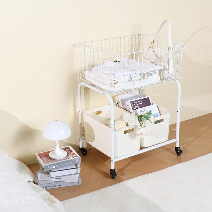 31" tall hennze one layer rolling wire laundry basket,easy moved wire laundry cart for clothes,pants laundry. children toys organization cart,metal cart with metal frame,enlarge the storage (white)