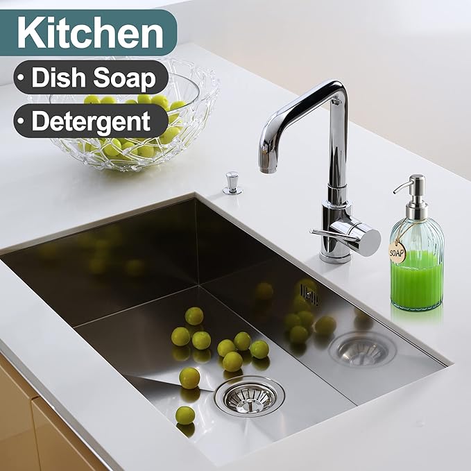 16OZ Fashion Stripe Clear Glass Refillable Soap Dispenser with 304 Stainless Steel Pump Premium Soap Dispenser， for Kitchen, Bathroom, Hand Sanitizer, Liquid Soap, Lotion, etc. (Clear Blue)