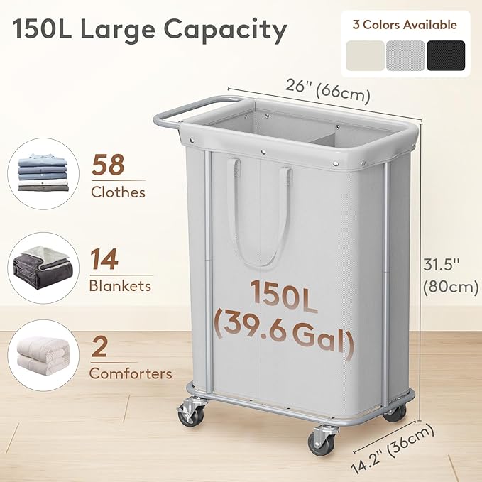 Lifewit 150L Large Laundry Basket with Wheels, Tall 2 Section Laundry Hamper Organizer, Rolling Laundry Cart with Steel Frame & Removable Bag for Luandry Room Bathroom Bedroom, Silver Gray