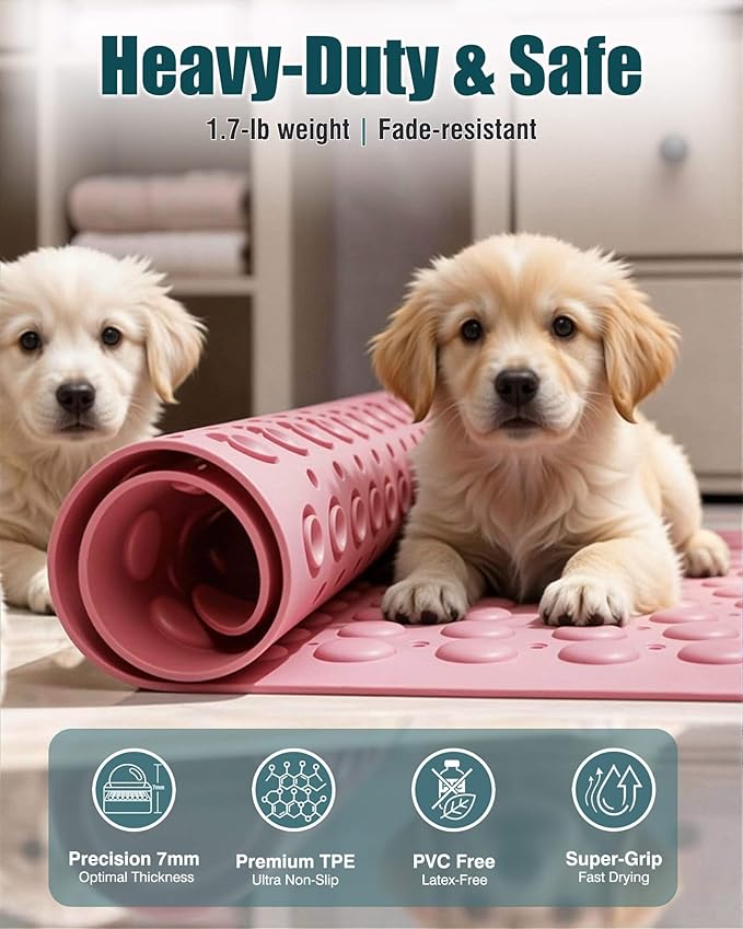 ShineHub Non-Slip Bath Mat for Tub Shower, TPE Machine Washable Bathroom Essentials with Suction Cups, Quick-Dry 28x16 inch (Dusty Blossom Pink)