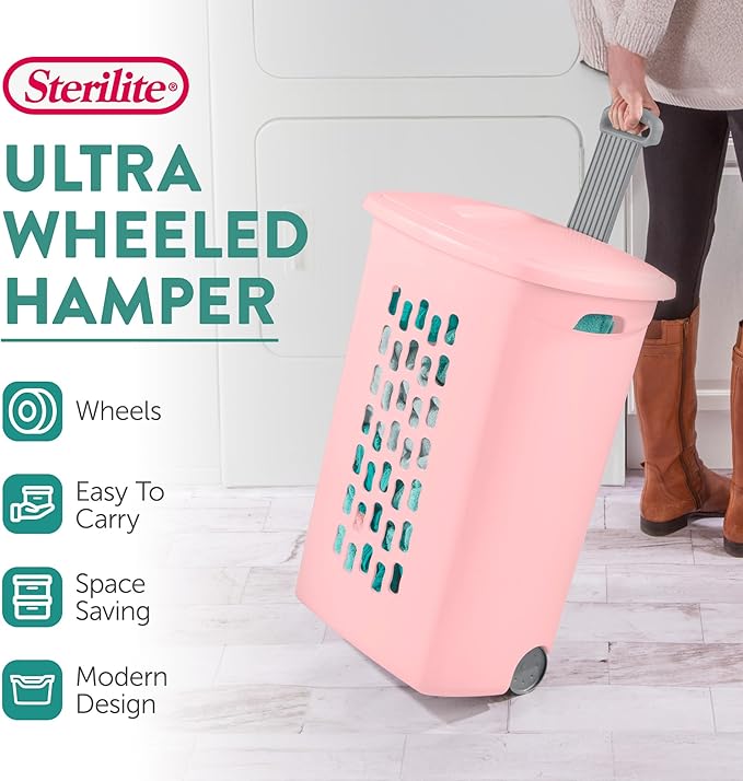 Sterilite 3 Pack Ultra Wheeled Hamper, Plastic Laundry Basket Clothes Bin with Wheels, Flip Top Lid and Retractable Handle, Pink Frost