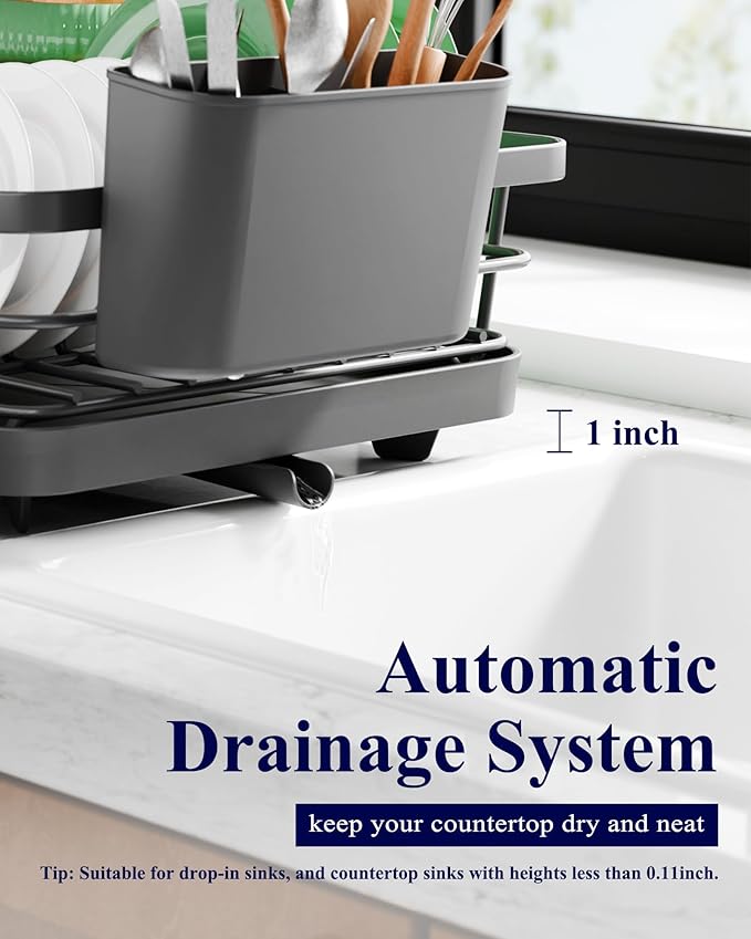 Kitsure Dish Drying Rack - Compact Dish Rack with Utensil Holder & Adjustable Water Outlet, Rust-Proof & Scratch-Resistant Drying Rack for Kitchen, 14.5" x 12.0" x 4.0", Grey