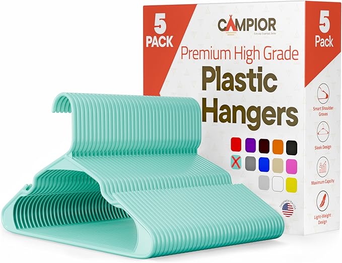 Plastic Clothes Hangers – Heavy Duty Hanger Set, for Organizing Clothes, Dresses, and Coat, Holds Up to 5 lbs, Space-Saving Hangers with Non-Slip Shoulder Grooves, Pack of 5, Aqua