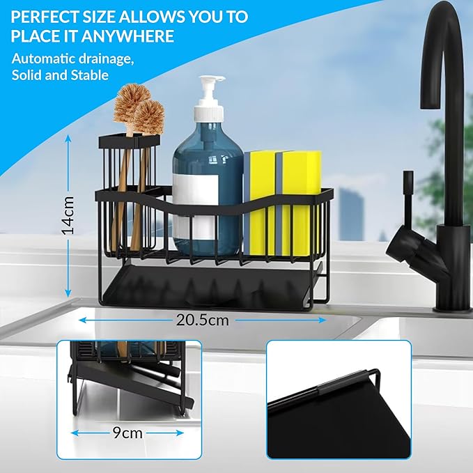 Rustproof Stainless Steel Sponge Holder for Kitchen Sink – small Sink Caddy Organizer with Rotating Drain Spout & High Brush Holder – No-Drip Kitchen Sink Organizer for Soap Dispenser.