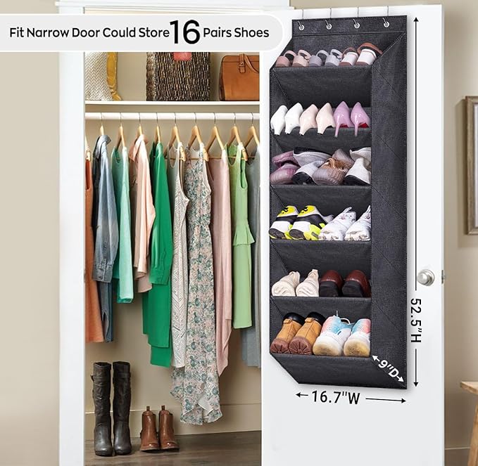 SLEEPING LAMB Shoe Rack for Door with Large Deep Pocket, Hanging Door Shoe Organizer for Closet Hanger, Dorm and Narrow Sneaker Storage Holder, Black