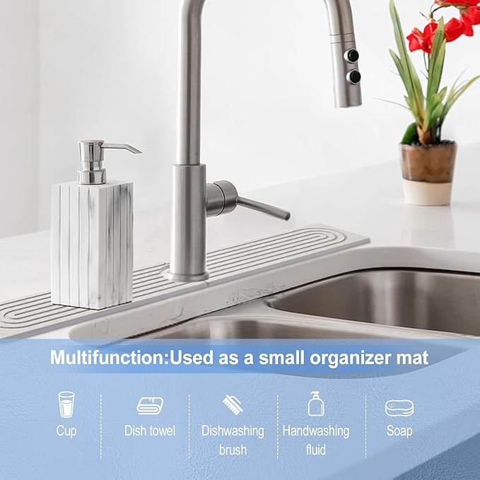 Stone Faucet Mat for Kitchen Sink- 23.6''x 3.9''Diatomite Fast-Drying Faucet Mat, Super Water Absorbing Stone Tray for Sink,Faucet Splash Guard for Bathroom Counter (Gray)