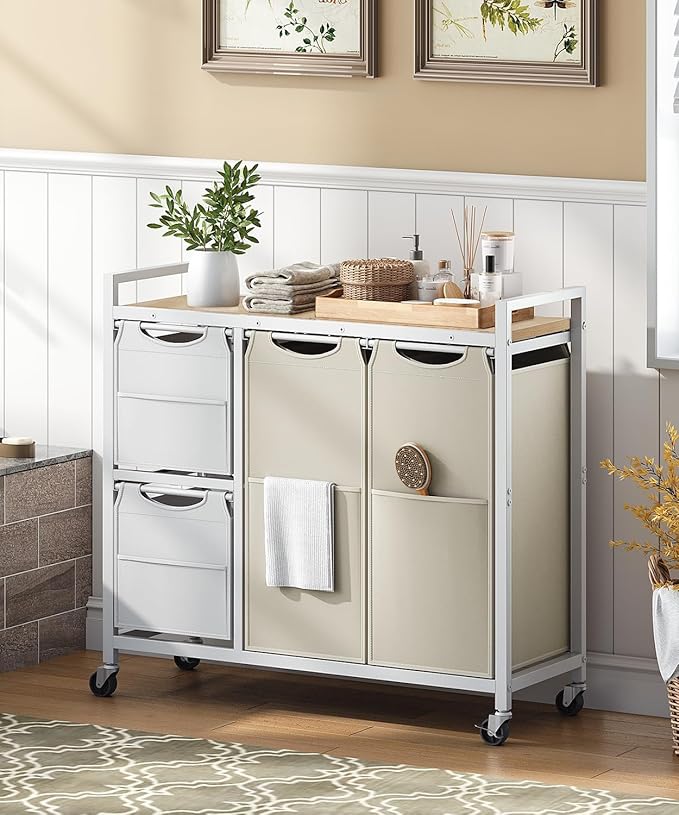 HOOBRO Laundry Sorter with 4 Section, 39 Gal. (147 L) Laundry Hamper with Wheels, Rolling Laundry Basket with Shelves, Pull-Out Detachable Bags, Side Pockets, White, Natural and Beige WNE14XY01N1
